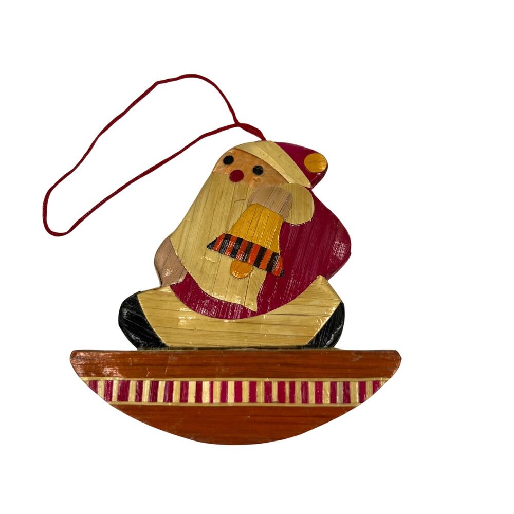 Vintage Folk Art Santa Claus Sleigh‎ Bell Wheat Grass Painted Christmas Ornament